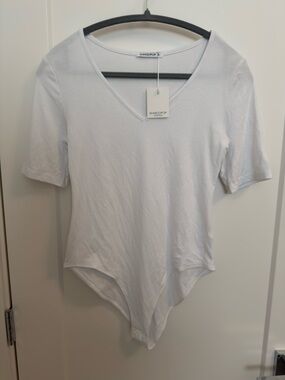 Mango White V-Neck Short Sleeve Bodysuit
